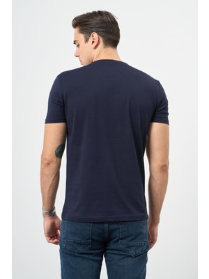 Koyu Lacivert Kısa Kol Düz Bez Ayağı Bisiklet Yaka Casual Slim Fit Tişört 1011245193