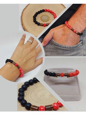 Yaşam Tohumu Varisit Nar Kırmızısı & Oniks Taşı 8mm  Tasarım Bileklik Hawaii Model (15455)