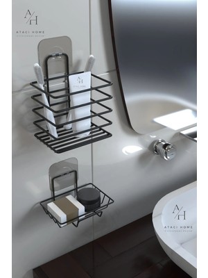 Atacı Home Paslanmaz Metal Banyo Organizeri - Yapışkanlı Diş Fırçalık ve Sabunluk Seti-2'li Süper Set