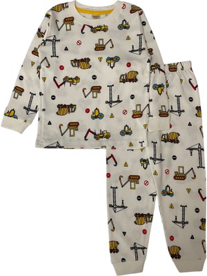 Elmas Kids Erkek Çocuk  Pamuklu Beyaz Iş Makinesi Desen Pijama Takımı