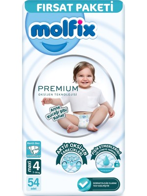 Molfix Premium Bantlı Bebek Bezi Beden:4 (7-14KG) Maxi 54 Adet Fırsat Paketi ile Yüksek Konfor