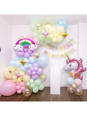 Papatya Süs Evi Unicorn Temalı Gökkuşağı Konsepti Makaron Balon Doğum Günü Parti Kutlama Seti Doğum Günü Süsü