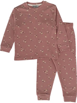 Şeker Kids Kız Çocuk Pamuklu Fitilli Kumaş Gül Kurusu Çiçek Desen Pijama Takımı