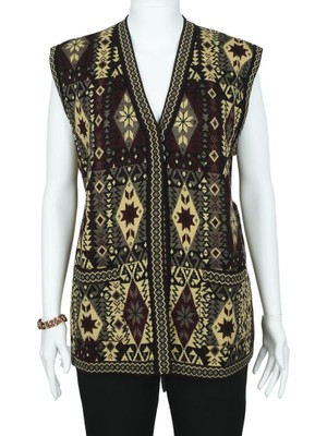 Kilim Desenli Üç Düğmeli Sarı Renk Kadın Triko Yelek