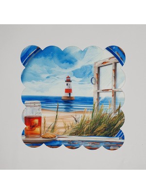Deco Deniz Manzarası ve Deniz Feneri Desenli Marin Konsept Lazer Kesim Kokteyl Peçetesi