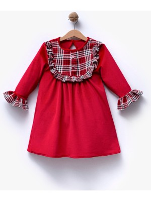 Overdo Kız Çocuk Uzun Kol Kırmızı Kadife Elbise