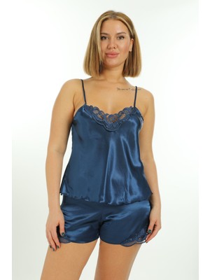 Madameste Lacivert Saten Babydoll Şortlu Takım - 259