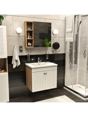 Yıldız Elegance Panjur Kapaklı Aynalı Lavabolu - Askılı Banyo Lavabo Dolabı Seti Ahşap - Beyaz