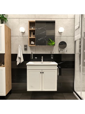 Yıldız Elegance Panjur Kapaklı Aynalı Lavabolu - Askılı Banyo Lavabo Dolabı Seti Ahşap - Beyaz