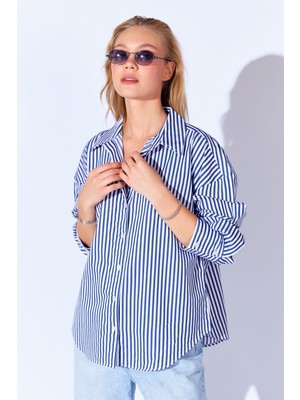 Edition Lacivert Çizgili Oversize Rahat Kalıp Basic Kadın Gömlek Ek100167429yn