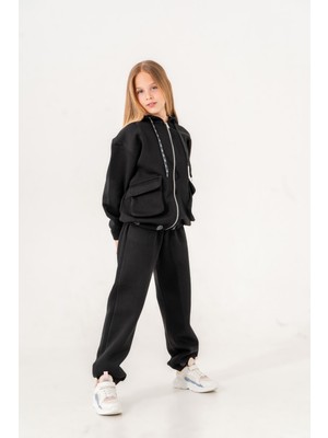 Giyicem Kız Çocuk Ribanası Yazılı Üç Iplik Fermuarlı Eşofman Takımı