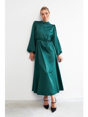 Vavinor Balon Kol Saten Abiye Elbise - Zümrüt