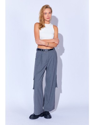 Edition Gri Melanj Poly Viskon Likralı Soft Dokulu Palazzo Kesim  Kargo Cepli Kadın Pantolon EK100669234