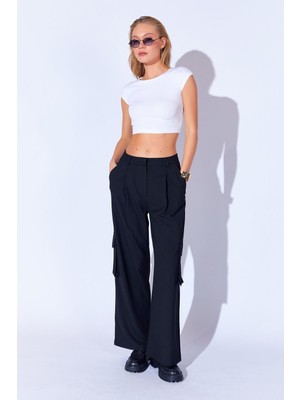 Edition Siyah Poly Viskon Likralı Soft Dokulu Palazzo Kesim Kumaş  Kargo Cepli Kadın Pantolon EK100669234