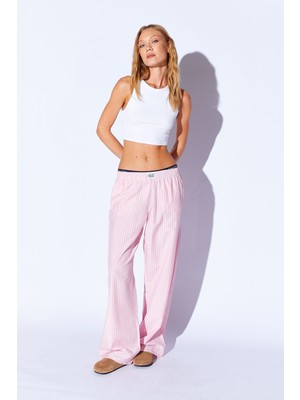 Edition Pembe Çizgili Rahat Kesim Beli Lastikli Pamuklu Kadın  Pijama Pantalon EE10009608
