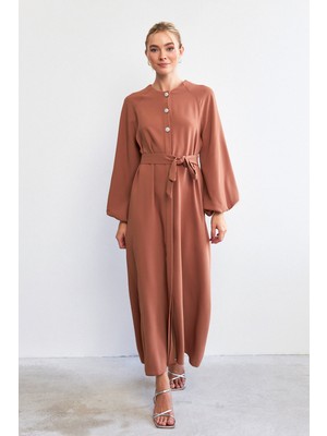 Balon Kol Düğmeli Abaya Elbise - Camel