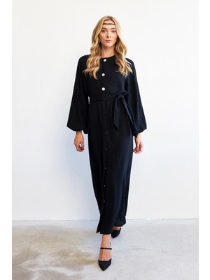 Balon Kol Düğmeli Abaya Elbise - Siyah