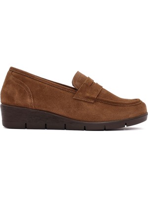 Derimod Kadın Taba Dolgu Topuklu Süet Deri Comfort Loafer 24Wfd236910