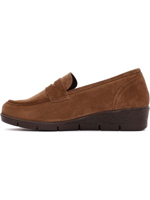 Derimod Kadın Taba Dolgu Topuklu Süet Deri Comfort Loafer 24Wfd236910