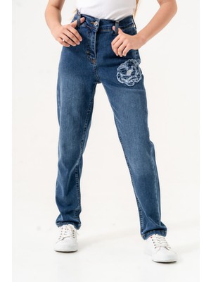 Giyicem Kız Çocuk Çiçek Nakışlı Kot Pantolon