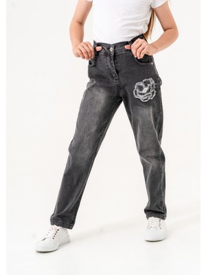 Giyicem Kız Çocuk Çiçek Nakışlı Kot Pantolon