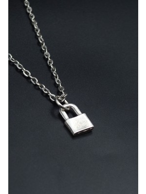 Minimal Kilit  Gümüş Kaplama Unisex Düz Zincir Kolye kod 886