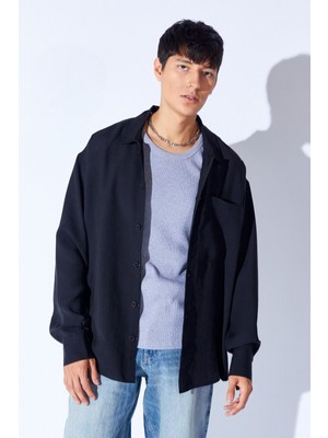 Man Edition Siyah Oversize Soft Dokulu Kalın Modal Tek Cep Erkek Dış Gömlek | EE1000191099