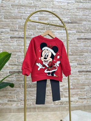 Ladin Store Yeni Sezon Kız Çocuk Minnie Mouse Baskılı Pamuklu 3 Iplik Şardonsuz Fitilli Yılbaşı Temalı Taytlı Alt-Üst Takım