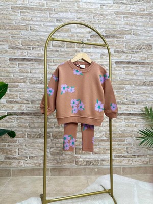 Ladin Store Yeni Sezon Kız Çocuk Pamuklu Çiçek Baskılı 3 Iplik Şardonsuz Sweatshirt Ve Fitilli Taytlı Takım