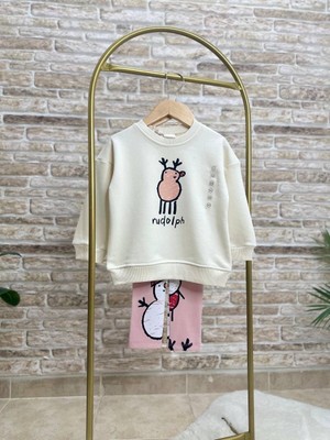 Ladin Store Yeni Sezon Kız Çocuk Yılbaşı Temalı Baskılı Pamuklu Sweatshirt Ve Fitilli Taytlı Alt-Üst Takım