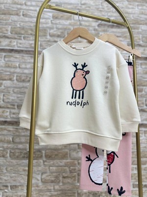 Ladin Store Yeni Sezon Kız Çocuk Yılbaşı Temalı Baskılı Pamuklu Sweatshirt Ve Fitilli Taytlı Alt-Üst Takım