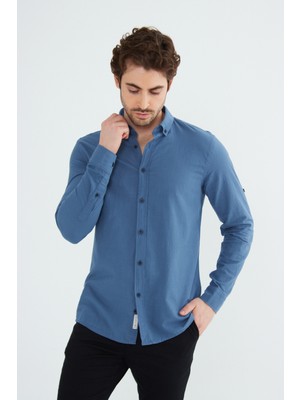Ravanelli Erkek Slim Fit Dar Kesim Düğmeli Yaka Keten Görünümlü %100 Pamuk Flamlı Gömlek Düz Renkler Seçenekleri