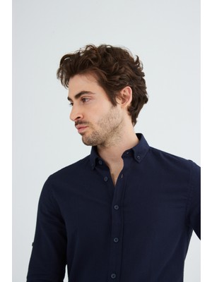 Ravanelli Erkek Slim Fit Dar Kesim Düğmeli Yaka Keten Görünümlü %100 Pamuk Flamlı Gömlek Düz Renkler Seçenekleri
