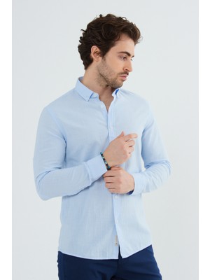 Ravanelli Erkek Slim Fit Dar Kesim Düğmeli Yaka Keten Görünümlü %100 Pamuk Flamlı Gömlek Düz Renkler Seçenekleri