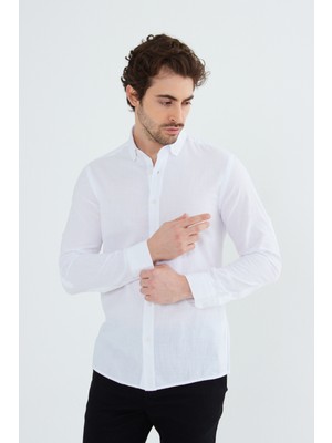 Ravanelli Erkek Slim Fit Dar Kesim Düğmeli Yaka Keten Görünümlü %100 Pamuk Flamlı Gömlek Düz Renkler Seçenekleri
