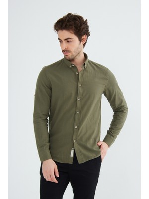 Ravanelli Erkek Slim Fit Dar Kesim Düğmeli Yaka Keten Görünümlü %100 Pamuk Flamlı Gömlek Düz Renkler Seçenekleri