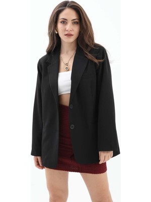 Kadın Kruvaze Yaka Oversize Blazer Ceket - Siyah