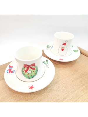Mimoza Porselen Noel Baba ve Çelenk Desen Kahve Fincanı 2'li Takım