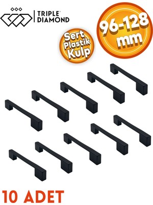 Triple Diamond 96 mm -128 mm Köprü Dolap Çekmece Kulplar Siyah Sert Polimer Kırılmaz 10 Adet