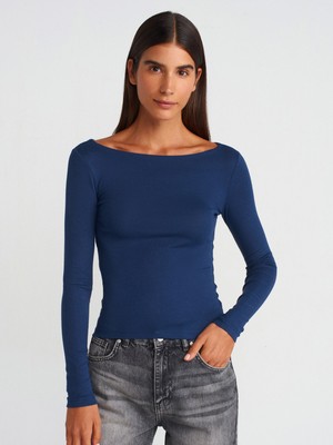31332 Kayık Yaka Uzun Kollu Top-Lacivert