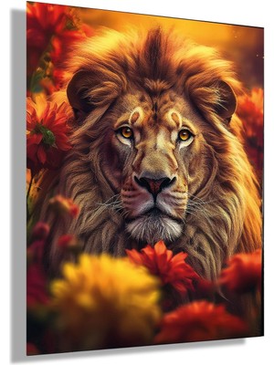 Gaagart Temperli Gerçek Cam Tablo Turuncu Kırmızı Çiçekler Içinde Aslan