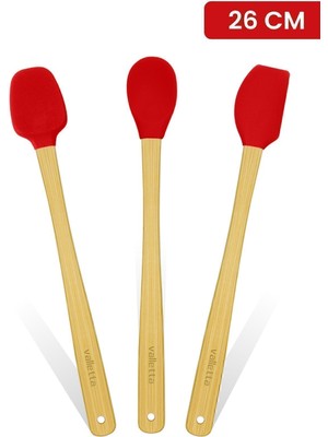 Valletta Indigo 3'lü Kırmızı Bambu Silikon Spatula Seti Uzun 26 Cm