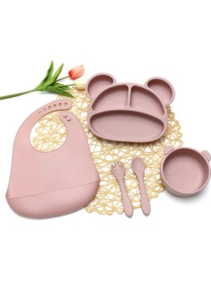 Tuto Baby 5'li Silikon Bebek Beslenme Seti Pembe (Vakumlu Tabak ve Kase-Çatal-Kaşık-Mama Önlüğü)