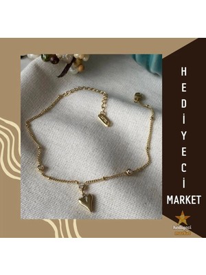 Hediyeci Market 316 L Gold Renk Kalp Figür Minimal Zirkon Taşlı Çelik Bileklik - HMÇB-0038