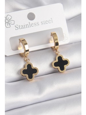 Clariss 316L Çelik Gold Renk Siyah Yonca Model Kadın Küpe