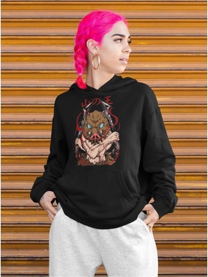 Cngz Shop Demon Slayer Inosuke Baskılı Kapüşonlu Sweatshirt, Unisex Oversize Anime Baskılı Hoodie