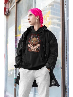 Cngz Shop Demon Slayer Inosuke Baskılı Kapüşonlu Sweatshirt, Unisex Oversize Anime Baskılı Hoodie