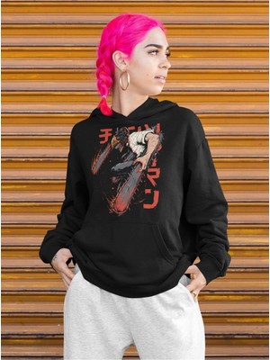 Cngz Shop Chainsaw Man Denji Premium Baskılı Kapüşonlu Sweatshirt, Unisex Oversize Anime Baskılı Hoodie