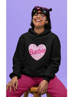 Cngz Shop Oversize Desenli Kalp Içinde Barbie Yazılı Kapüşonlu Sweatshirt, Kadın Barbie Baskılı Hoodie