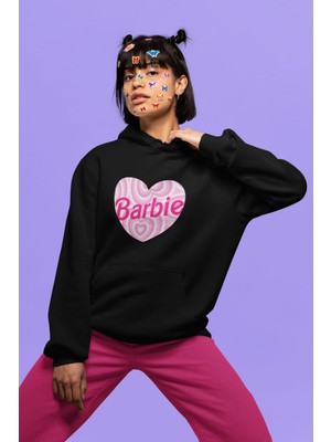 Cngz Shop Oversize Desenli Kalp Içinde Barbie Yazılı Kapüşonlu Sweatshirt, Kadın Barbie Baskılı Hoodie